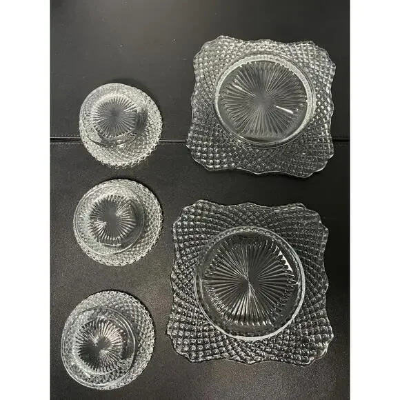 Westmoreland 1940s Pressed Clear Glass Snack Set Diamond & Fan, 2 Plates 3 Bowls - Picture 13 of 16
